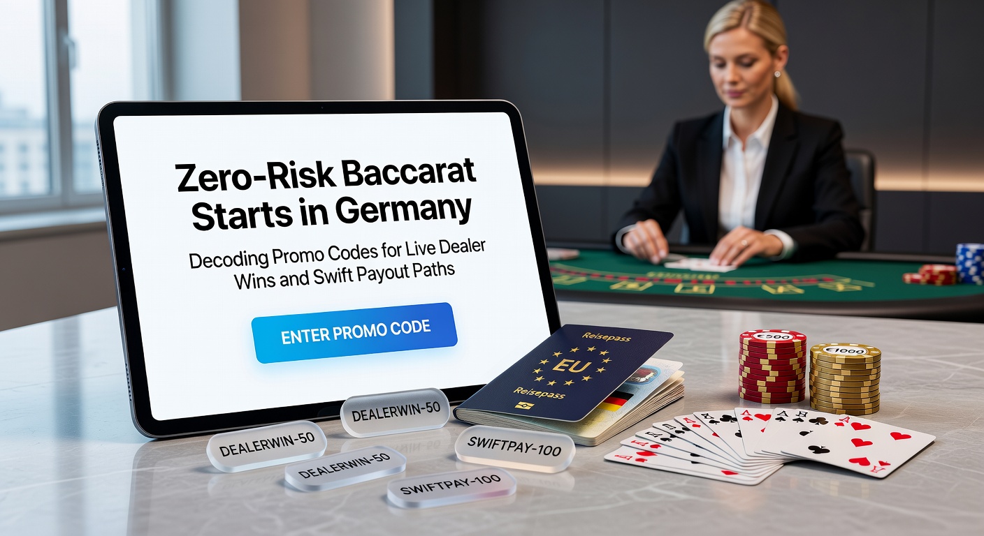 Live-Dealer-Baccarat-Tisch mit Promo-Code-Overlay und deutschen Flaggen-Elementen, symbolisierend risikofreie Starts in lizenzierten Casinos