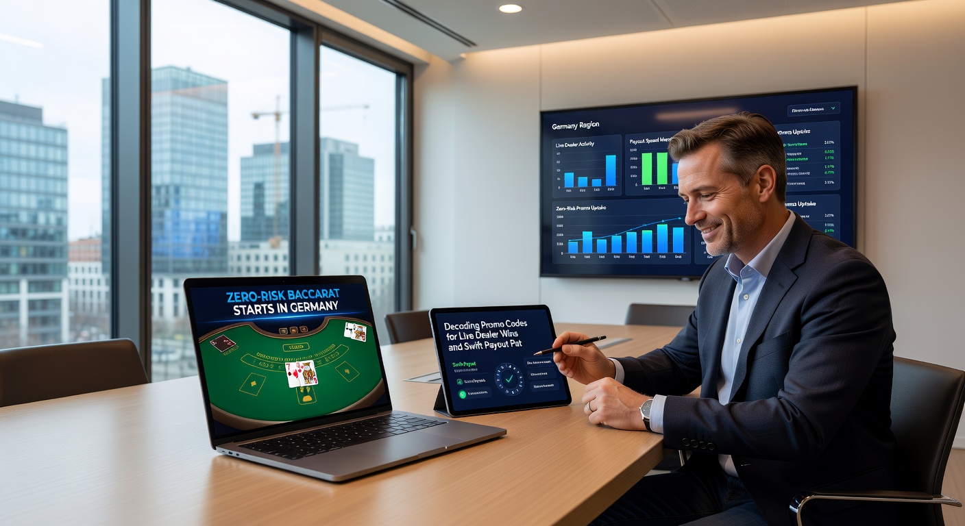 Grafik mit Promo-Code-Eingabefeld, Live-Baccarat-Karten und Auszahlungs-Icons, illustriert schnelle Pfade von Zero-Risk zu Gewinnen in Deutschland